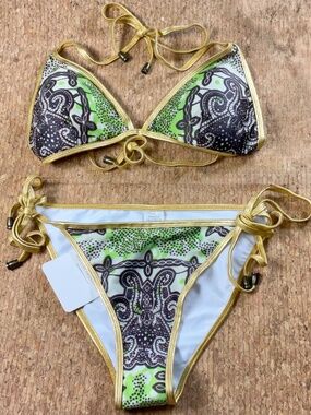 Gold Trim Bikini Set S Triangle Top & Tie Side Bottom Beach Festival Y2K Vaca